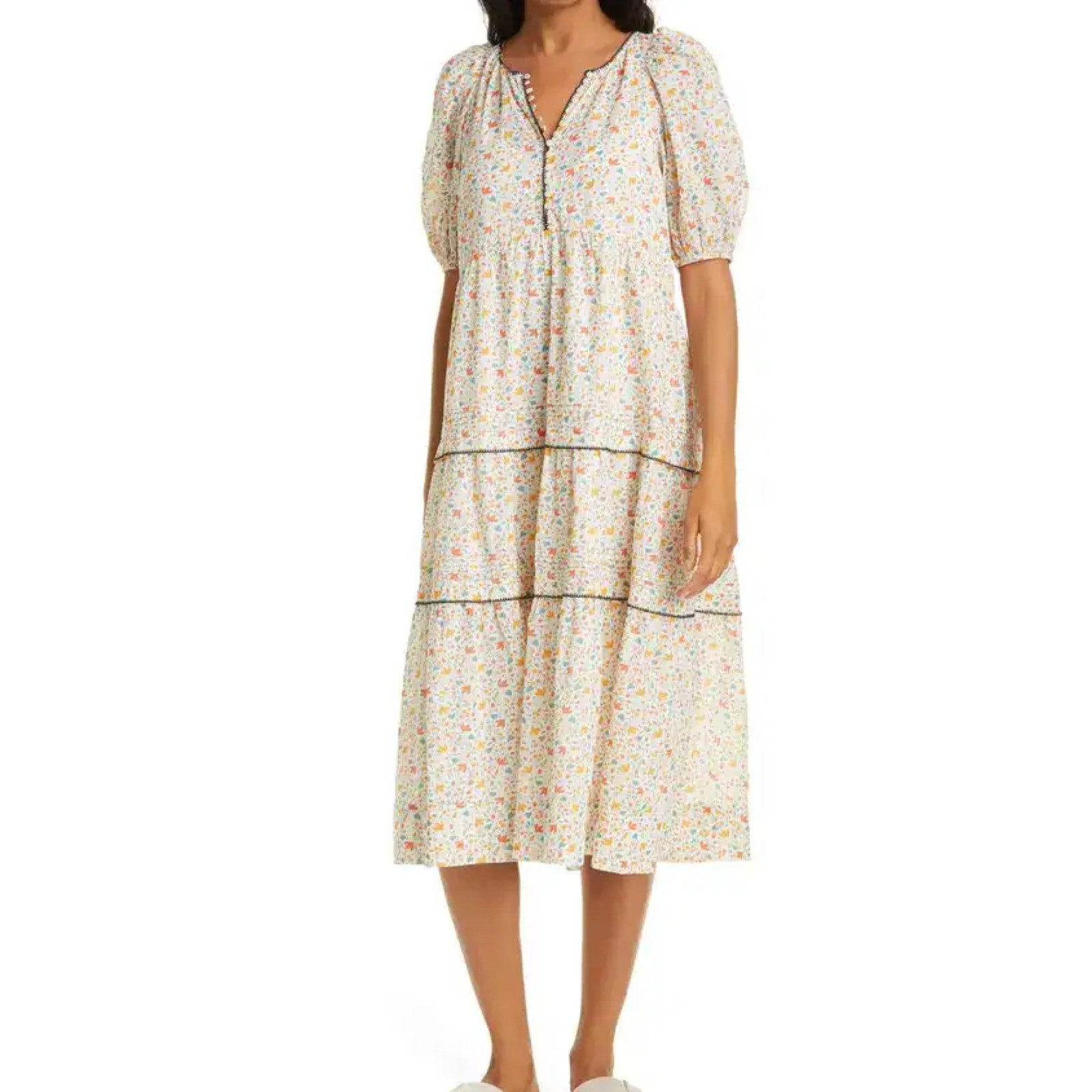 The Great cream, orange, and aqua floral Whipstitched Ravine dress, size S