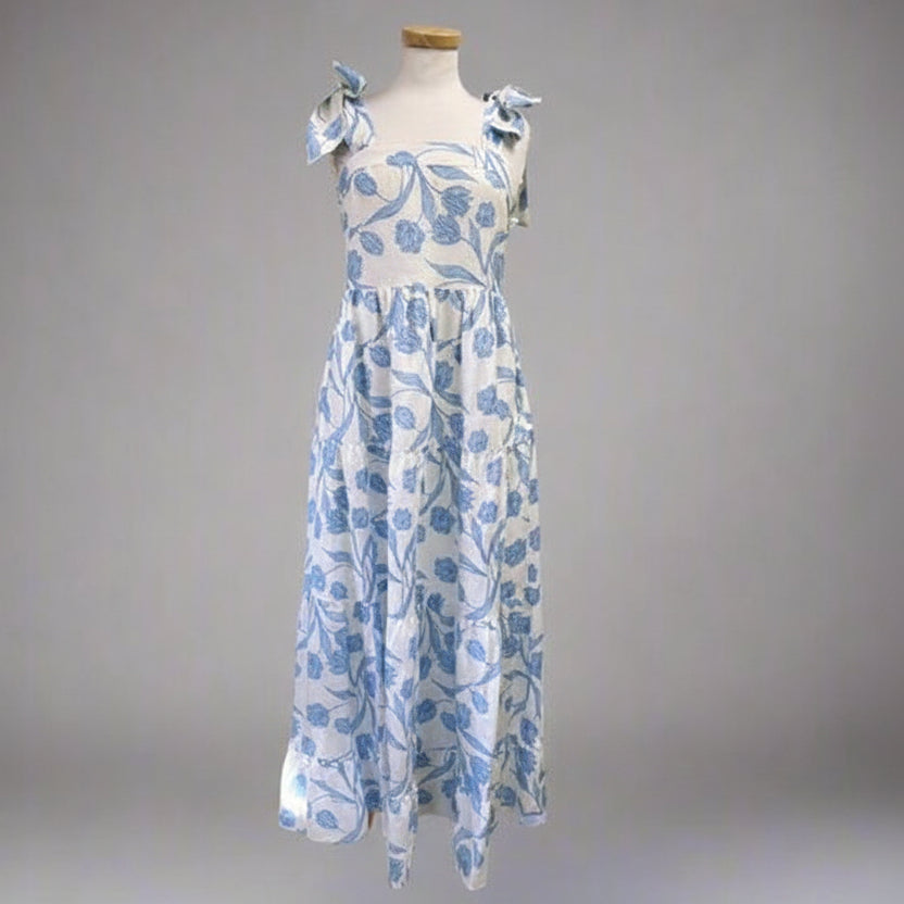 Emily McCarthy light blue floral Bow maxi dress, size XS